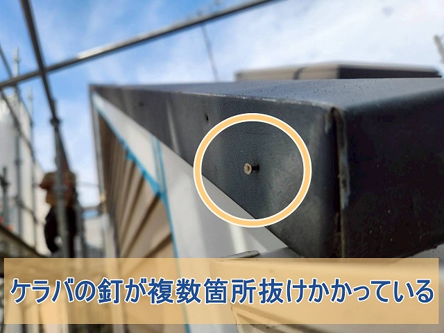 ケラバを固定する釘が複数抜けかかっている